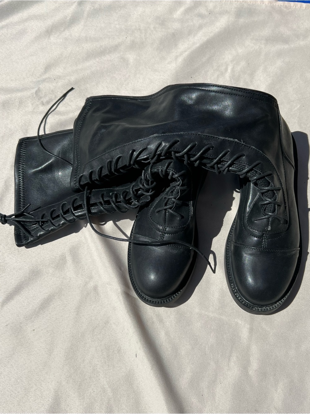 Black Lace-Up Leather Knee Boots - Women